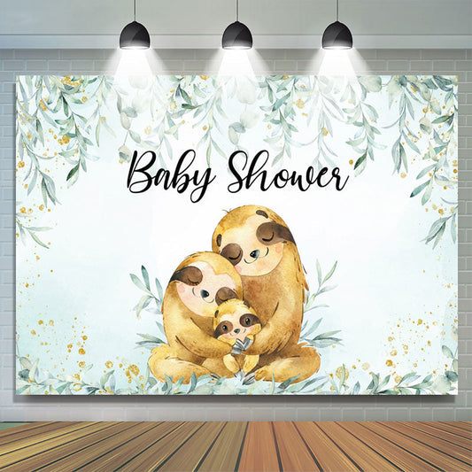 Lofaris Sloths Family Green Plant Gold Baby Shower Backdrop