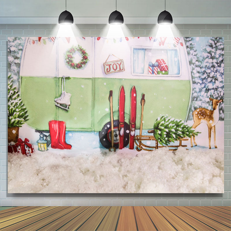 Lofaris Snow Fawn Sled Car Christmas Tree Party Backdrop for Kid