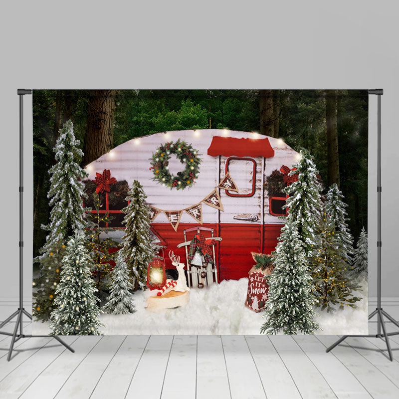 Lofaris Snow Forest Merry Christmas Tree Red Bus Scene Party Backdrop