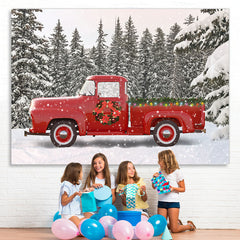 Lofaris Snow Forest Red Truck Winter Christmas Party Backdrop