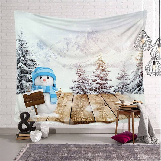 Lofaris Snowman Wood Christmas Landscape Fairytale Wall Tapestry