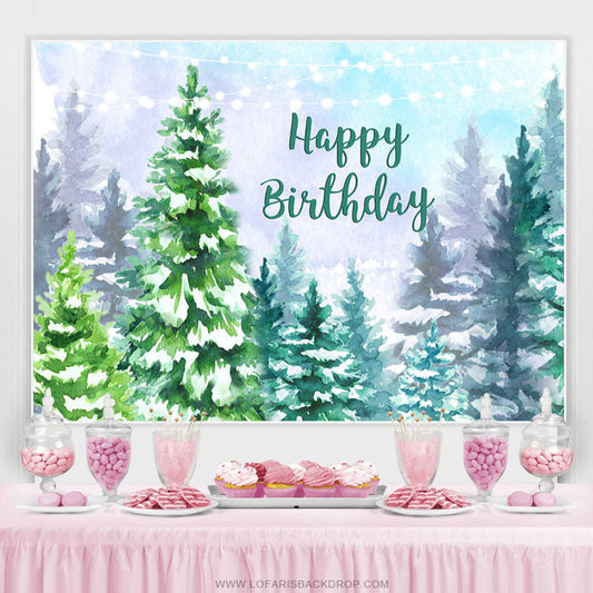 Lofaris Snowy Forest Jungle Winter Happy Birthday Backdrop