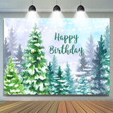Load image into Gallery viewer, Lofaris Snowy Forest Jungle Winter Happy Birthday Backdrop
