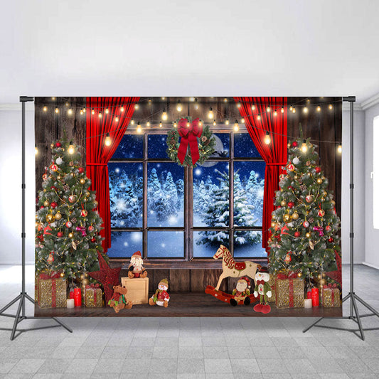 Lofaris Snowy Night Window Red Curtain Christmas Tree Backdrops