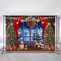 Lofaris Snowy Night Window Red Curtain Christmas Tree Backdrops