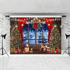 Lofaris Snowy Night Window Red Curtain Christmas Tree Backdrops