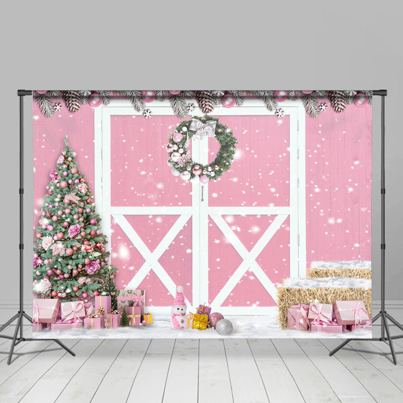 Lofaris Snowy Pink Wooden House Christmas Tree Holiday Backdrop