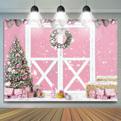 Lofaris Snowy Pink Wooden House Christmas Tree Holiday Backdrop