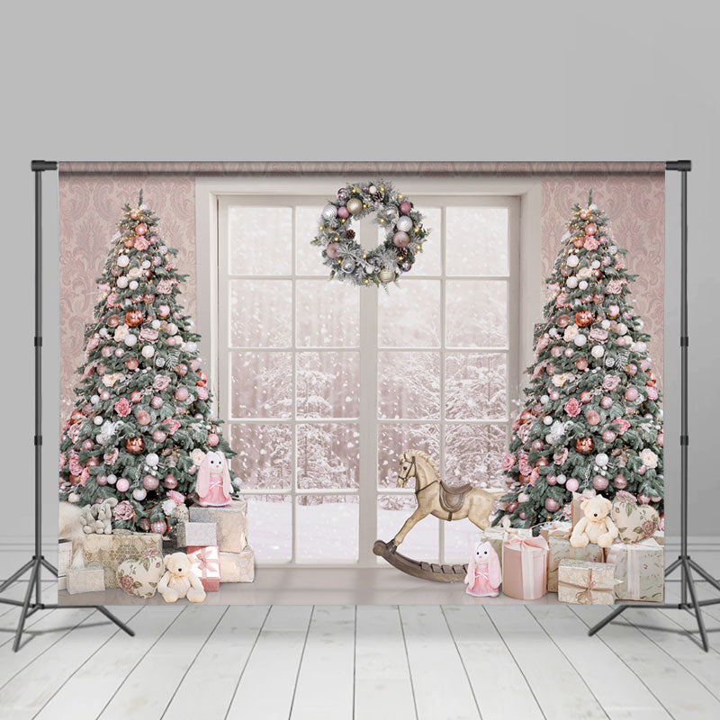 Lofaris Snowy White Window Christmas Tree And Gift Backdrop