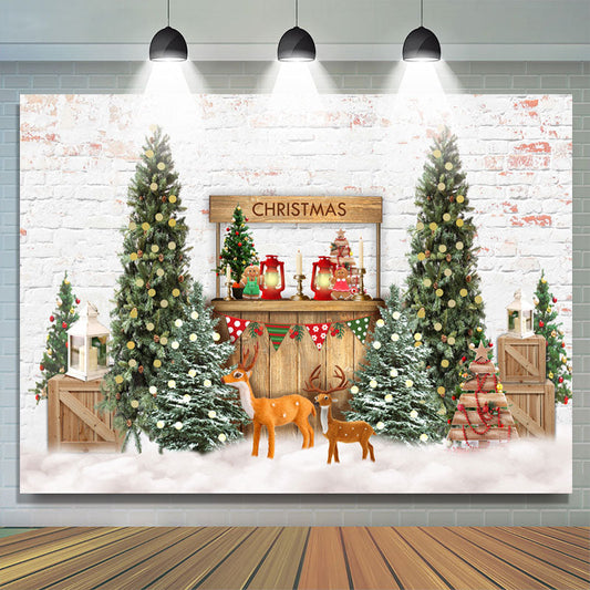 Lofaris Snowy White Winter With Christmas Tree Deer Backdrop