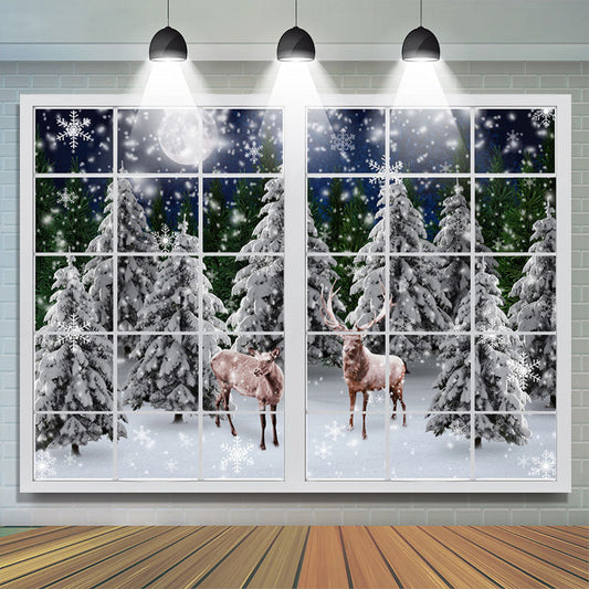 Lofaris Snowy Winter Deers In Forest Out Of Window Backdrop
