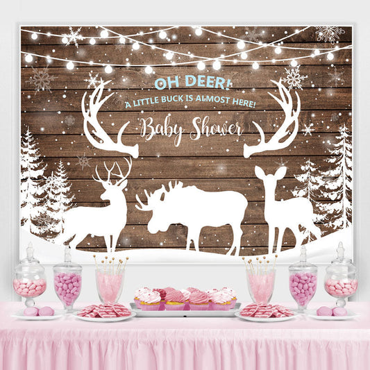Lofaris Snowy Winter With Deers and Trees Baby Shower Backdrop