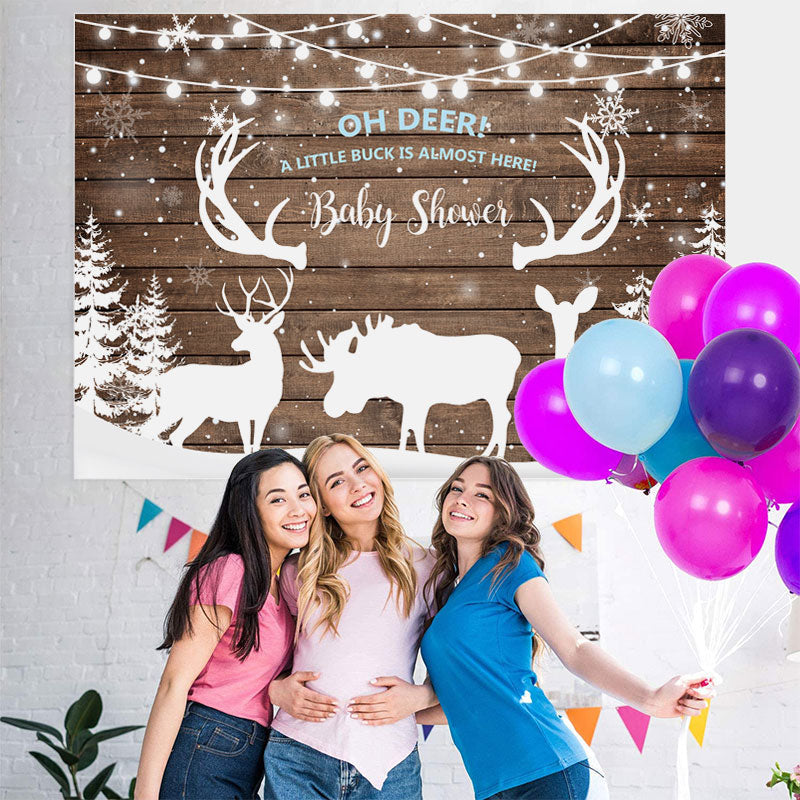 Lofaris Snowy Winter With Deers and Trees Baby Shower Backdrop