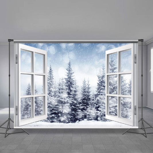 Lofaris Snowy Winter with Trees Outside the Window Backdrop