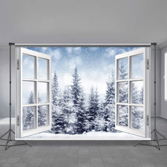 Lofaris Snowy Winter with Trees Outside the Window Backdrop