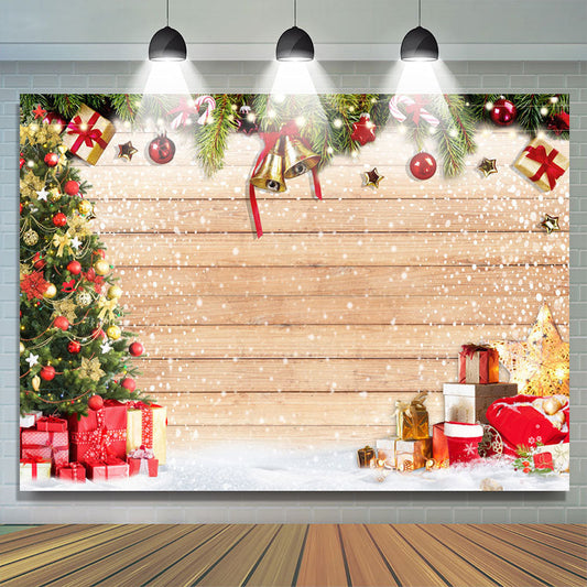 Lofaris Snowy Wooden Board Christmas Bell And Gifts Backdrop