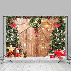 Lofaris Snowy Wooden Door With Wreath Christmas Tree Backdrop