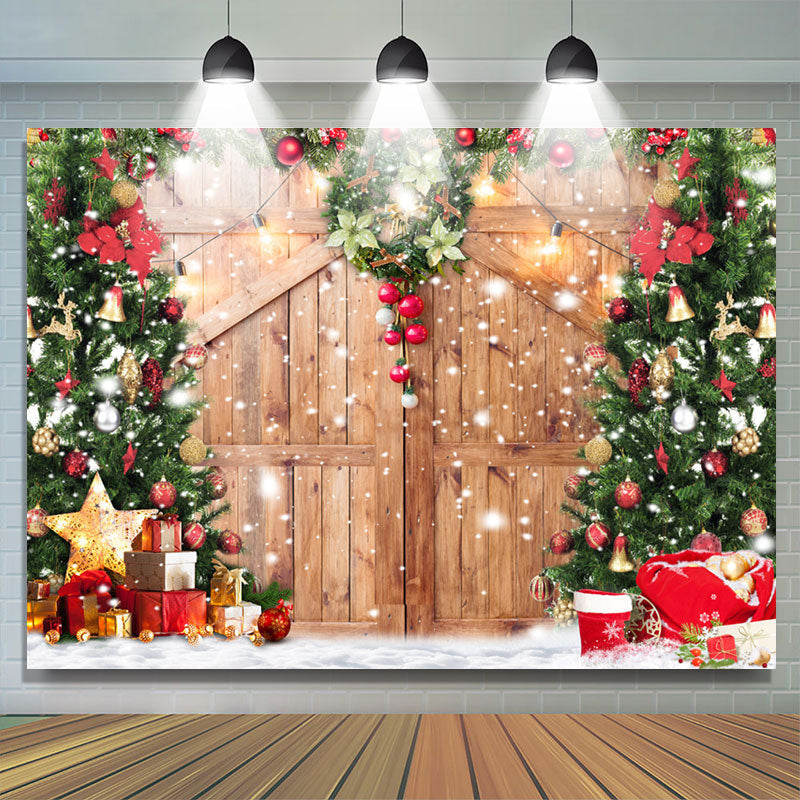 Lofaris Snowy Wooden Door With Wreath Christmas Tree Backdrop