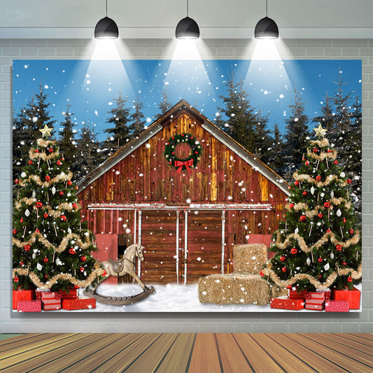 Lofaris Snowy Wooden House Night With Christmas Tree Backdrop