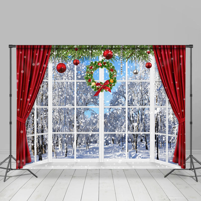Lofaris Snowy World With Christmas Wreath Curtain Backdrop