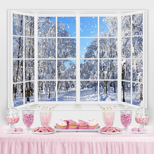 Lofaris Snowy World With White Trees Outside Window Backdrop