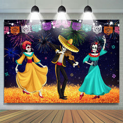 Lofaris Fireworks Cartoon Skeleton Dance Party Mexican Fiesta Backdrop
