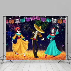 Lofaris Fireworks Cartoon Skeleton Dance Party Mexican Fiesta Backdrop