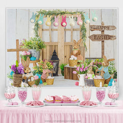 Lofaris Spring Floral Wood Door Rabbit Happy Easter Backdrop