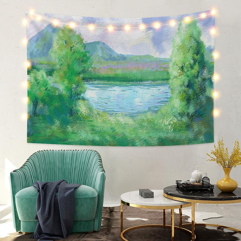 Lofaris Spring Mountain Forest Painting Style Lake Custom Tapestry