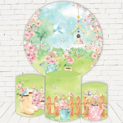 Lofaris Spring Pink Floral And Grass Round Birthday Backdrop Kit