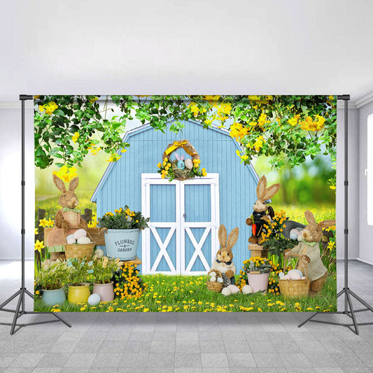 Lofaris Spring Plants With Blue House Happy Easter Backdrop