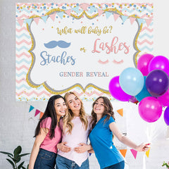 Lofaris Staches or Lashes Pink and Blue Baby Shower Backdrop