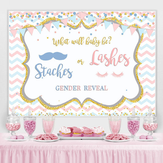 Lofaris Staches or Lashes Pink and Blue Baby Shower Backdrop