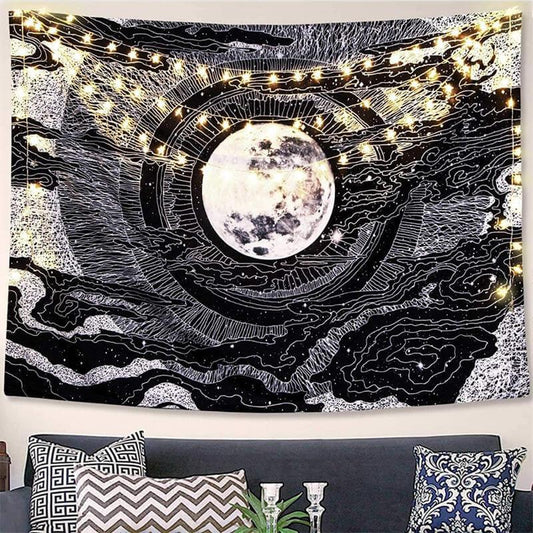 Lofaris Starry Sky Moon Trippy Black And White Wall Tapestry