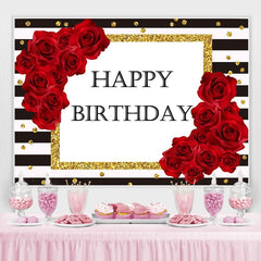 Lofaris Stripes and Red Rose Gold Dots Happy Birthday Backdrop