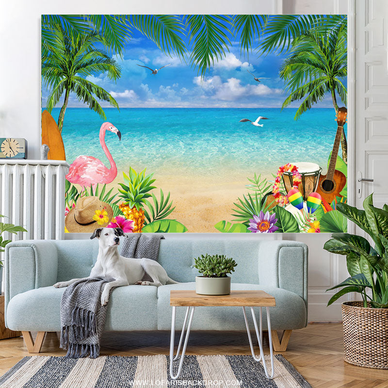 Lofaris Summer Beach And Coconut With Flamingo Birthday Backdrop