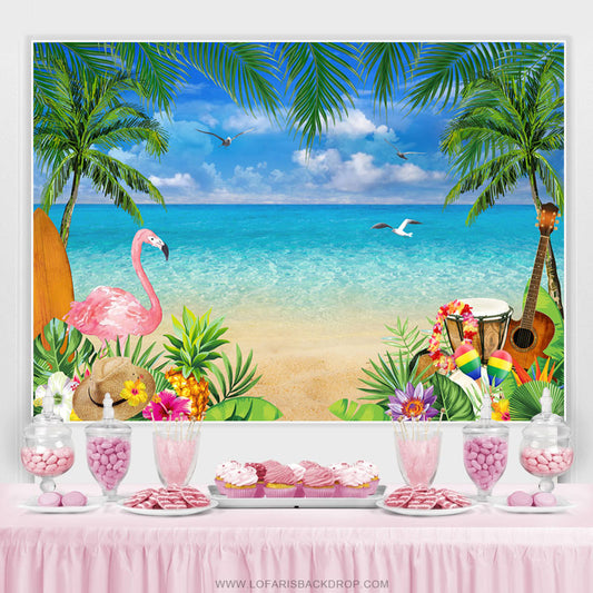Lofaris Summer Beach And Coconut With Flamingo Birthday Backdrop