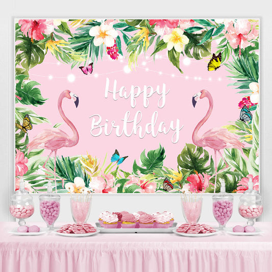 Lofaris Summer Pink Tropical Flower Flamingos Birthday Backdrop