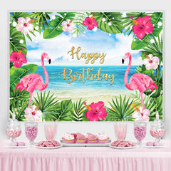 Lofaris Summer Sea Pink Flamingos and Leaves Birthday Backdrop