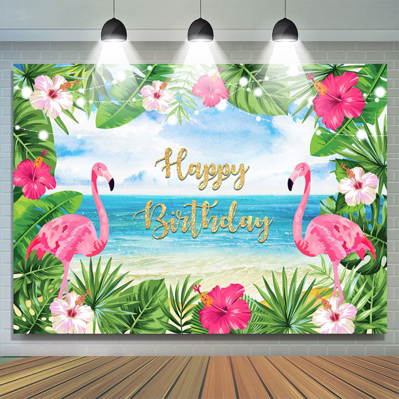 Lofaris Summer Sea Pink Flamingos and Leaves Birthday Backdrop
