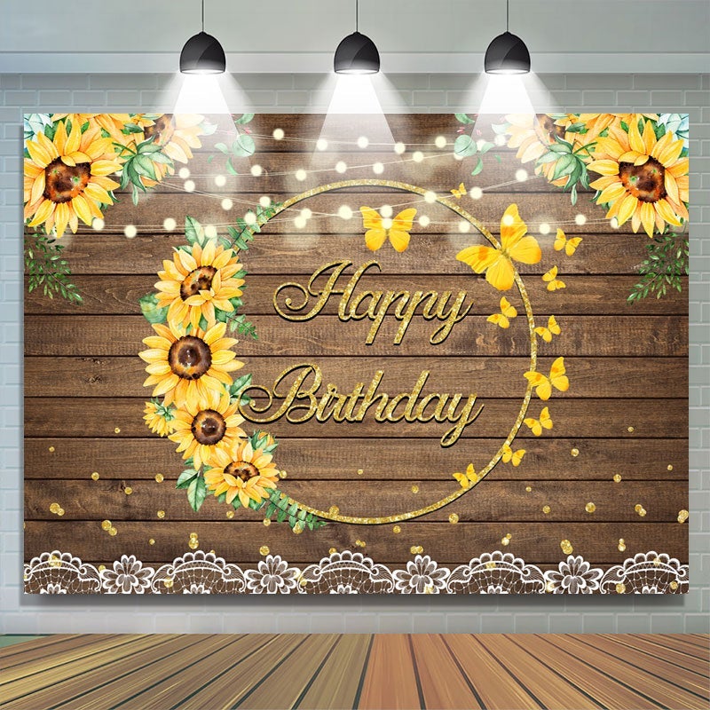Lofaris Summer Sunflower Wood Pattern Girls Birthday Backdrop