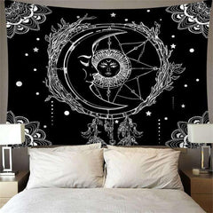 Lofaris Sun And Star Moon Abstract Black White Wall Tapestry