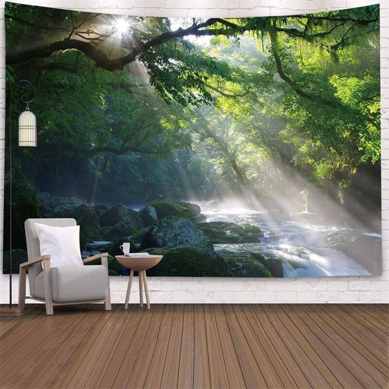 Lofaris Sun Bathed Forest Lake Painting Style Wall Tapestry