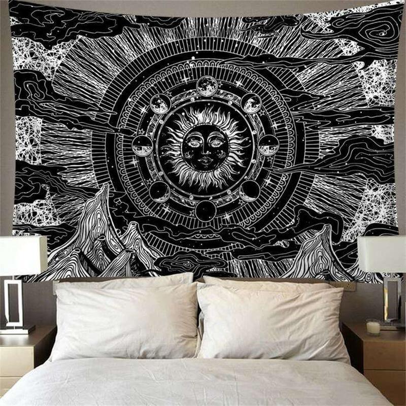 Lofaris Sun God Black And White Bohemian Abstract Wall Tapestry