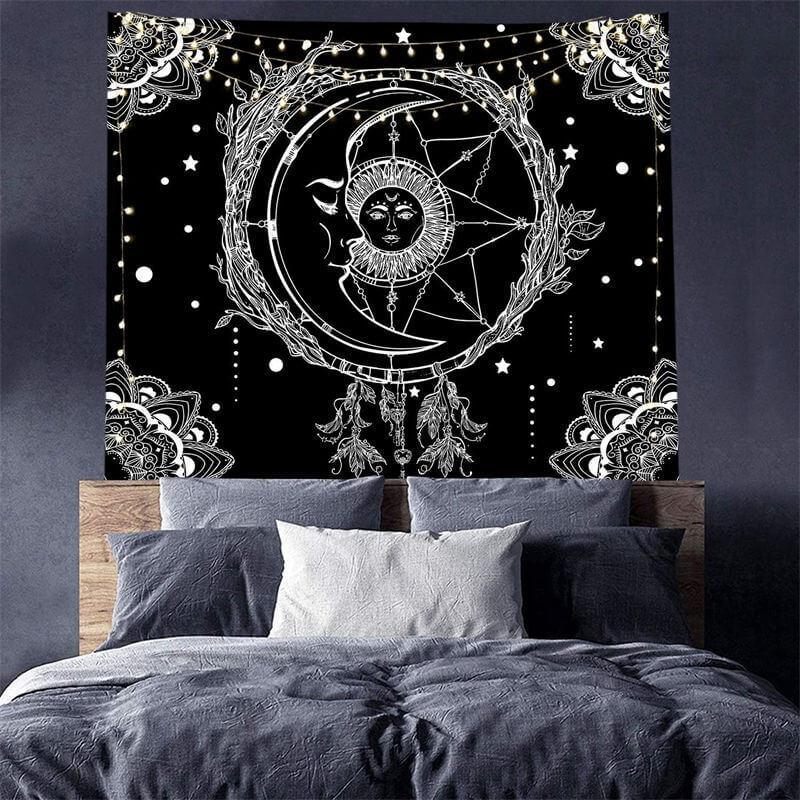 Lofaris Sun Moon Black And White Abstract Mandala Wall Tapestry