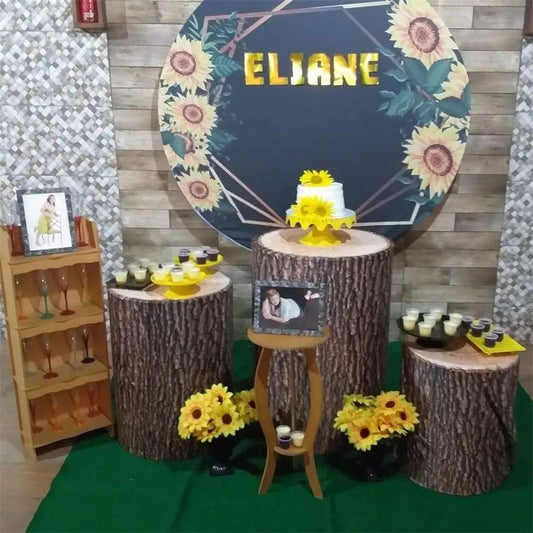 Lofaris Sunflorals And Gold Stripes Round Black Birthday Backdrop