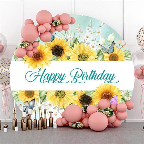 Lofaris Sunflower And Butterfly Circle Happy Birthday Backdrop
