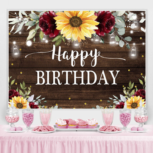 Lofaris Sunflower and Red Roses Wood Happy Birthday Backdrop