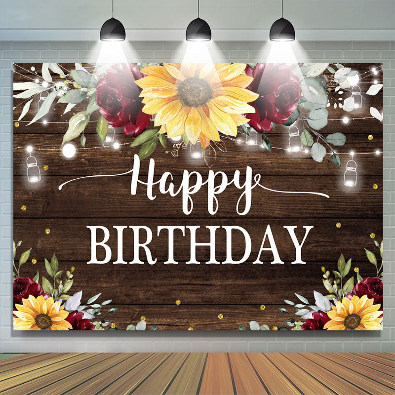 Lofaris Sunflower and Red Roses Wood Happy Birthday Backdrop