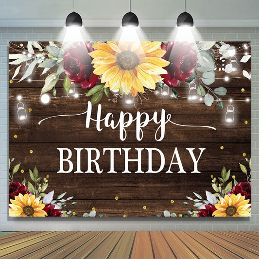 Lofaris Sunflower and Red Roses Wood Happy Birthday Backdrop